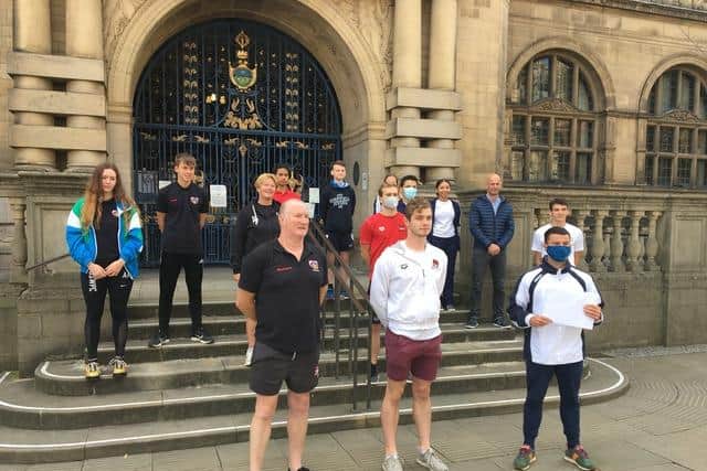 Athletes and coaches outside Sheffield Town Hall campaigning to reopen Ponds Forge
