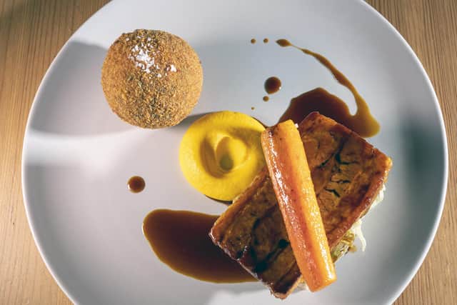 Moss Valley belly pork with carrot puree, savoy cabbage and black pudding rissole at No Name in Crookes, Sheffield. Picture: Scott Merrylees.
