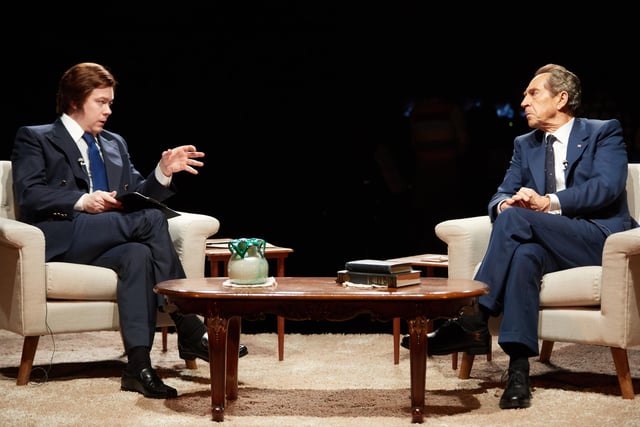 Daniel Rigby as David Frost and Jonathan Hyde as Richard Nixon in Frost/Nixon at the Crucible Theatre, Sheffield in February 2018
