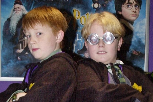Matthew Greenhough and Lewis Sotham dressed up as characters from Harry Potter as they saw a preview screening at UCG Cinemas in November 2001