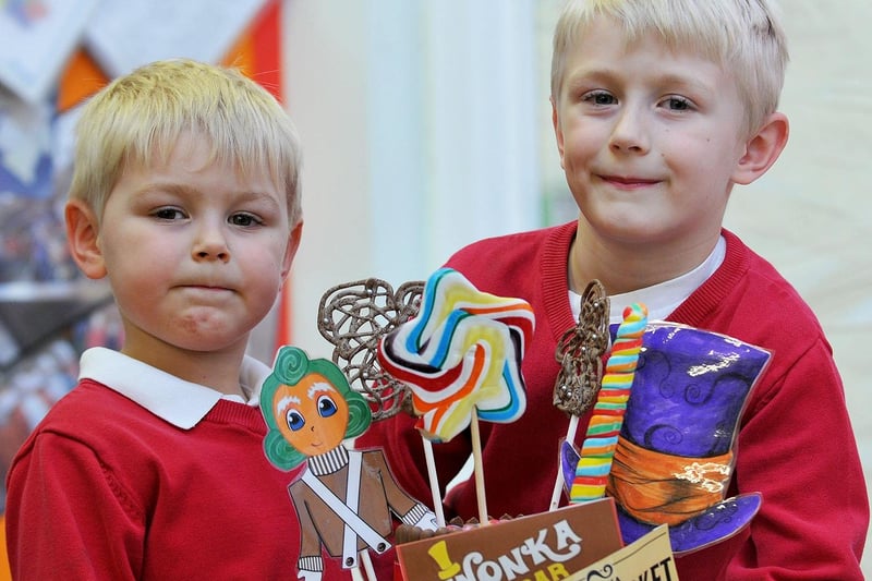 Hutton Henry Primary school pupils Ben (left) and Thomas Saint with their book character cake they made during World Book Day in 2016.