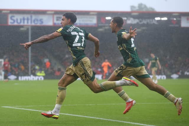 Morgan Gibbs-White celebrates scoring for Sheffield United at Bournemouth: Paul Terry / Sportimage