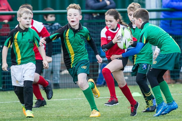Gracie Millar on the ball for Stirches Primary at Hawick's youth rugby festival