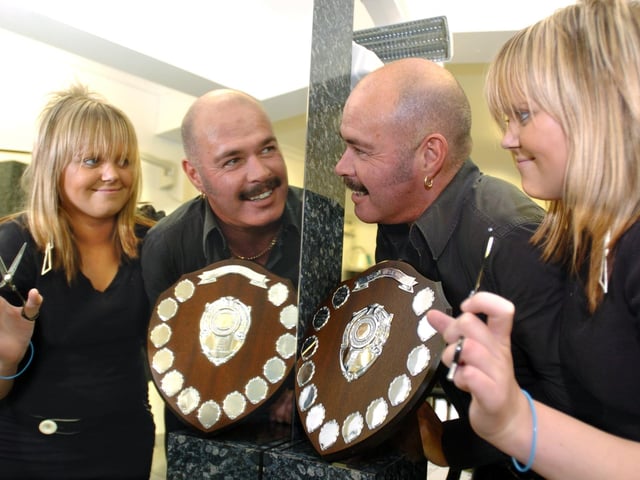 Hairdresser Kevin Wilcox with his aprrentice Hayley Mannifield at his salon Kevin Wilcox International on Copley Road, Doncaster in 2004