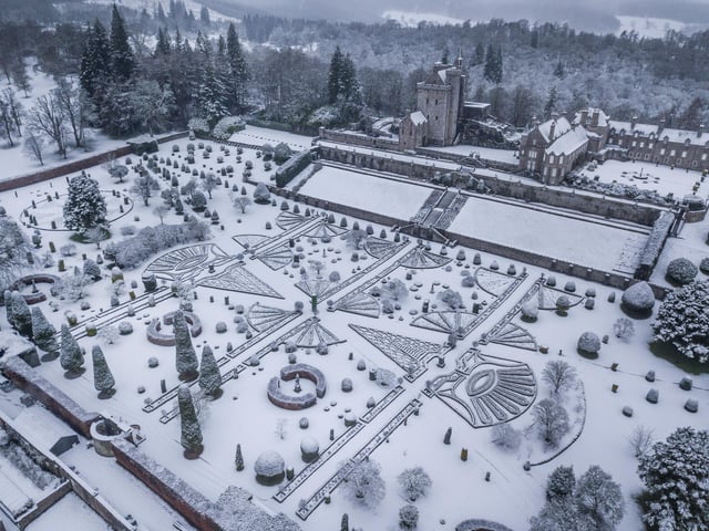 Snow covered Drummond Castle Gardens, Perthshire