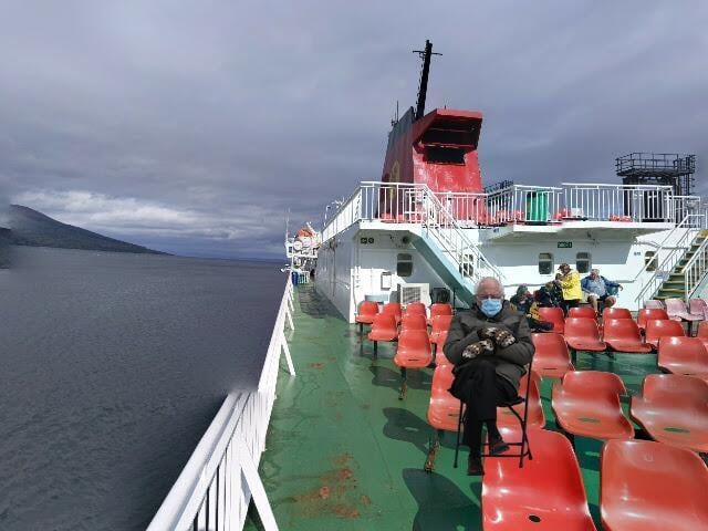 Adorned in his mittens and his cosy jacket, Bernie chose the right kind of clothing on this trip but what kind of ferry is he on and, for extra points, can you guess which route he is taking?