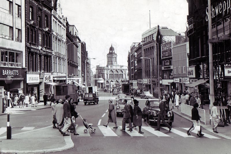 A view of Fargate in the 1960's with Barratts shoe shop and Davy's cafe on the left