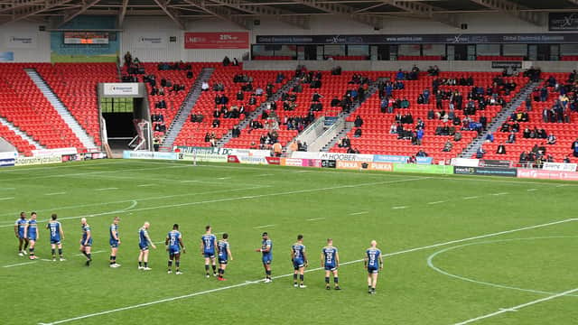 Spectators enter the Keepmoat Stadium for the first time in 14 months for the match between Doncaster RLFC and West Wales Raiders