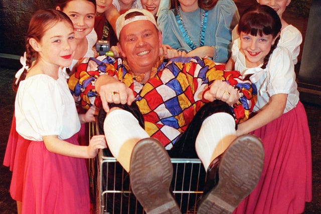 Babes in the Wood panto star Nutty Neil Wheatley, Jill, Jodie Potter, Jack, Jonathan Gatus, and dancers, (from left) Rebecca Norton, Michaela Noble, Suzanne Willis, Victoria Buxton, Joanne Latham and Kathryn Preston appear on stage for the last time in 2000