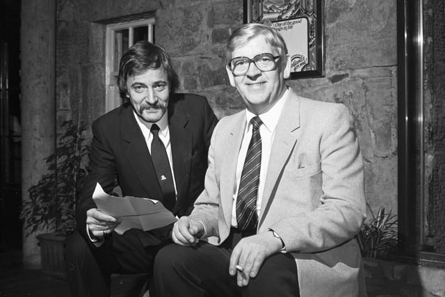 Graham Jenkins and Kenny McLean (vice chairman of Hibs football club) in May 1983 - Mr Jenkins was involved in a proposed takeover bid for the club.