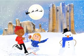 A retro-style Christmas card specially designed for Heritage Doncaster by artist Phil Sheppard, showing Conisbrough Castle