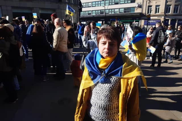 Protest in Sheffield against the Russian invasion of Ukraine. Olga Swales