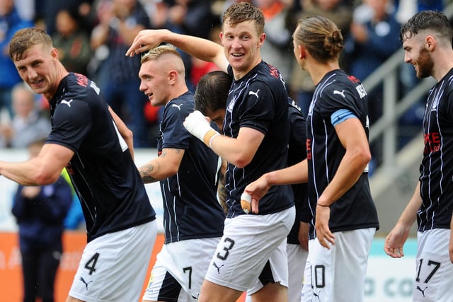 August 21, 2021: Falkirk 3, Clyde 0
Paul Dixon celebrating opening the scoring for Falkirk on 57 minutes, with Callumn Morrison also netting twice for then head coach Paul Sheerin’s side in this League 1 match