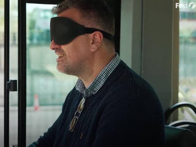Blindfold Jon McClure can be heard saying: "I'm moving aren't I?" when the bus actually stopped.