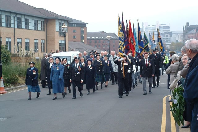 Parade of veterans associations at the re-dedication of the Great Central Railway war memorial, Royal Victoria Hotel, 11th Nov, 2003.