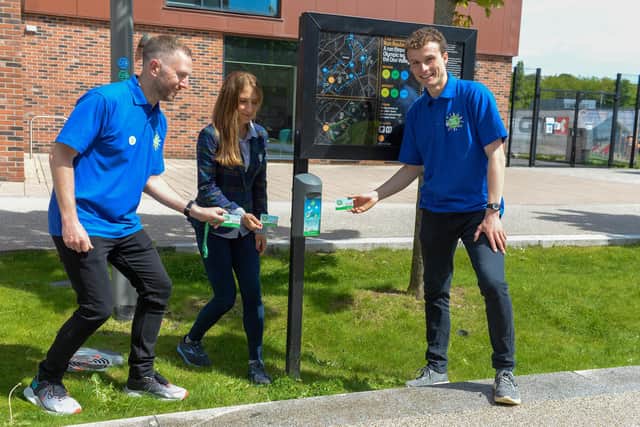Local engagement coordinators Alasdair Menmuir, Natalie Grinvalds and Daniel Neath are the first to tap the Beat Box in the Beat the Street Sheffield game