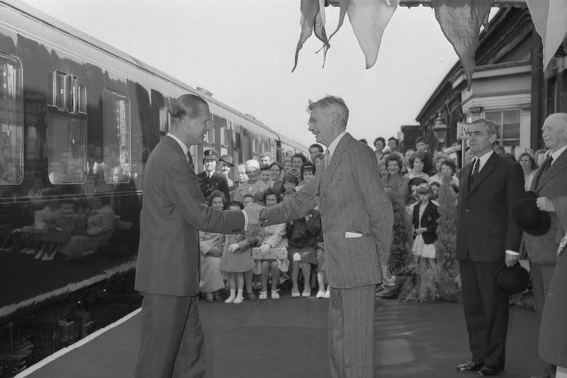 The Duke is greeted by Lord Barnard, Lord Lieutenant of Durham on his arrival at Monkwearmouth Station in July 1963.