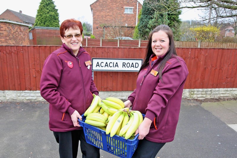 To celebrate Fairtrade Fortnight 2011, Sainsbury’s very own Bananamen/women swung by to deliver free Fairtrade bananas to residents of Acacia Road in Doncaster, the fictional home of childhood superhero Bananaman. People in photo (left to right): Joyce Evans and Andrea Needham