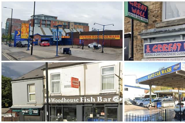 The Express Hand Car Wash at 245 Ecclesall Road (top left); Great Wall at 2a Chapel Street, Woodhouse (top right); Woodhouse Fish Bar at 1 Beighton Road, Woodhouse (bottom left) and Storm Hand Car Wash 65 Attercliffe Common,  Attercliffe have all been fined for employing illegal workers, according to recently released documents published by UK Visas and Immigration