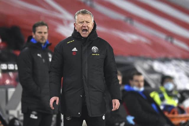 Sheffield United's manager Chris Wilder shouts during the English Premier League match between Sheffield United and Newcastle United on Tuesday: Oli Scarff/Pool via AP