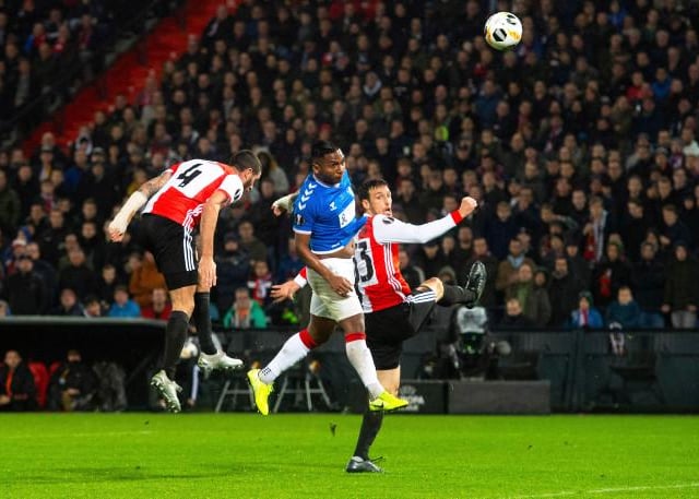 Morelos' header sent Rangers ahead in De Kuip before Dick Advocaat's Dutch side levelled.