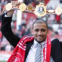 Curtis Woodhouse, the former Sheffield United midfielder, shows off his British belt