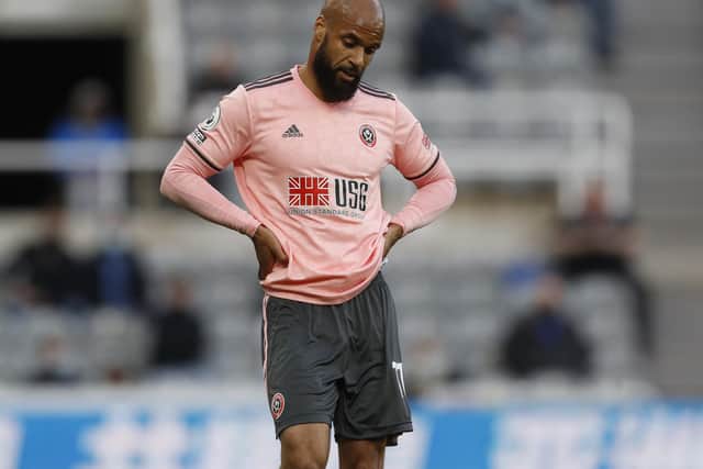 Newcastle, England, 19th May 2021. David McGoldrick of Sheffield Utd disappointed  during the Premier League match at St. James's Park, Newcastle. Picture credit should read: Darren Staples / Sportimage