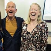 Eddie the Eagle laughing with President Margaret and Membership Secretary Sue