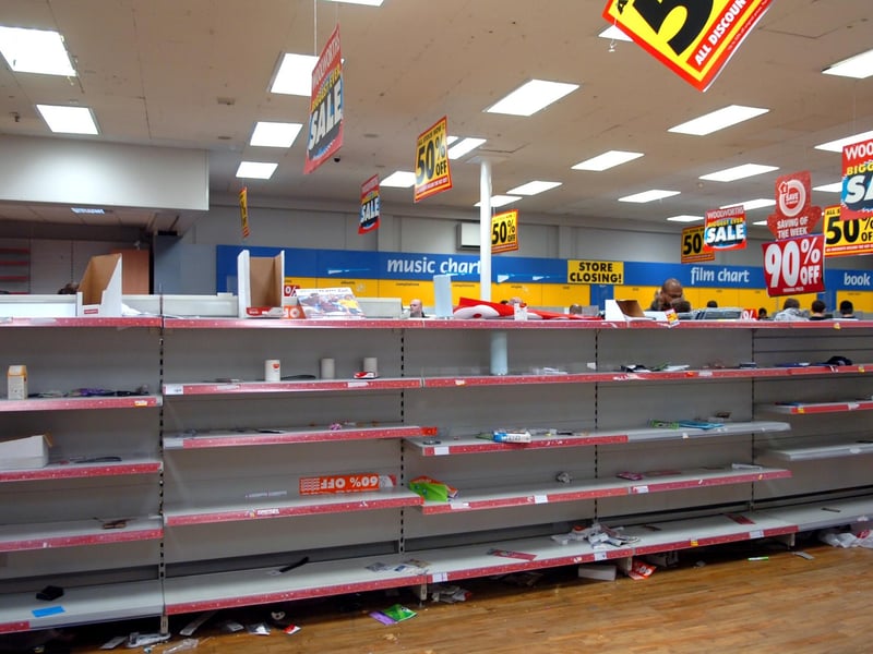 Empty shelves at the end of the very last trading day for Woolworths, which closed its Preston doors in 2008