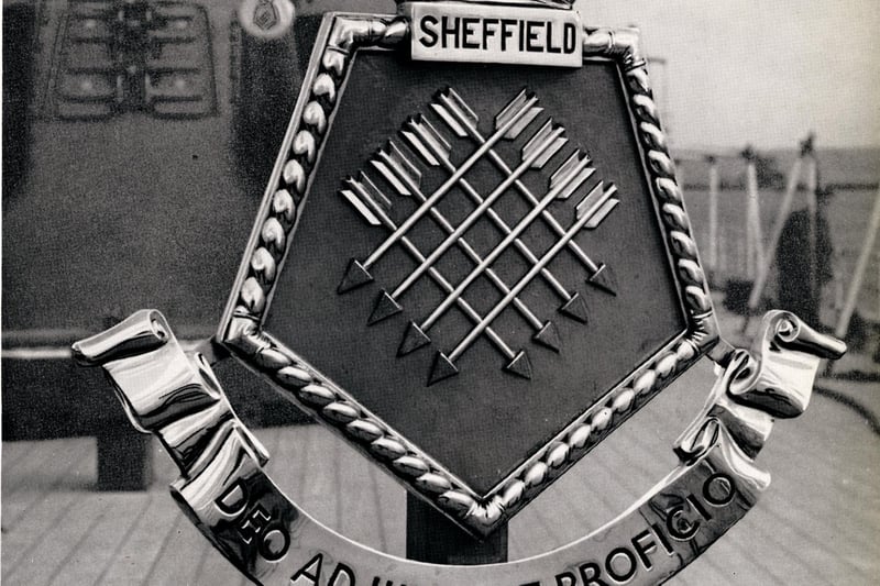The crest of HMS Sheffield was made as a casting in Staybrite Steel, 1950