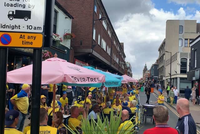 Sweden fans at the Frog and Parrot. Football fans have taken over Sheffield City Centre before the big semi-final at Bramall Lane.