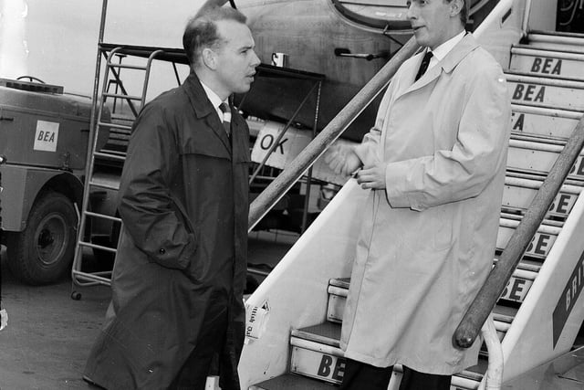 Scottish footballer Denis Law leaves Turnhouse for Dyce, accompanied by Evening News journalist John Gibson, in May 1962.