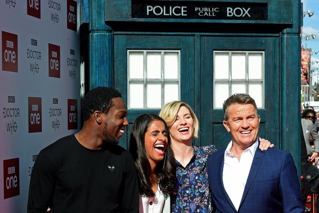 Tosin Cole, who plays Ryan, Mandip Gill, who plays Yaz, Jodie Whitaker, who plays The Doctor and Bradley Walsh, who plays Graham, at the Doctor Who premiere screening at the Light, The Moor in 2018