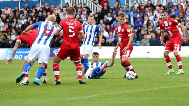 Gavan Holohan of Hartlepool United scores their winning goal  during the Sky Bet League 2 match between Hartlepool United and Crawley Town at Victoria Park, Hartlepool on Saturday 7th August 2021. (Credit: Mark Fletcher | MI News)