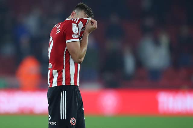 Jack Robinson of Sheffield United looks dejected after the Sky Bet Championship match at Bramall Lane against Preston North End: Simon Bellis / Sportimage