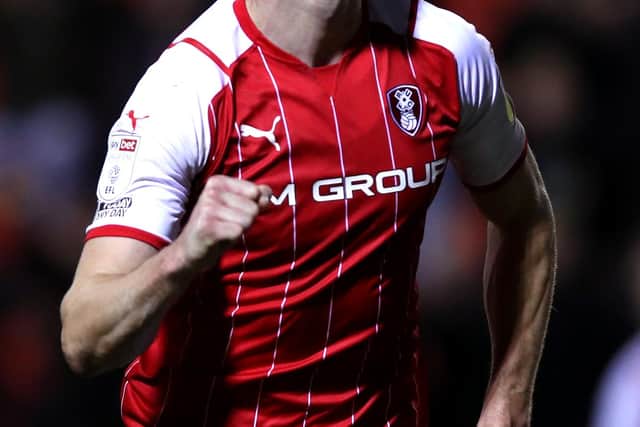 Michael Smith of Rotherham United celebrates after scoring their side's second goal during the Sky Bet League One match between Rotherham United and Bolton Wanderers at AESSEAL New York Stadium on January 01, 2022 in Rotherham, England. (Photo by George Wood/Getty Images)
