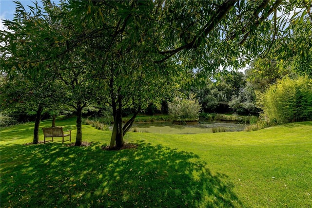 The lawned garden lies to the south of the property and swimming pool and joins the paddocks. It is framed by trees, shrubs, hedgerow boundaries, and a large naturally fed pond.