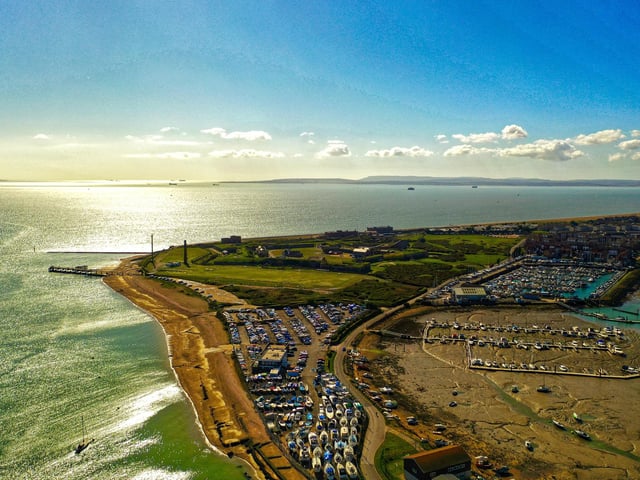 Riding up high above Eastney point, looking towards Eastney pier, with the Solent in view