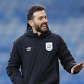 Carlos Corberan, manager of Huddersfield Town reacts during the Sky Bet Championship match between Huddersfield Town and Queens Park Rangers at John Smith's Stadium.  (Photo by George Wood/Getty Images)