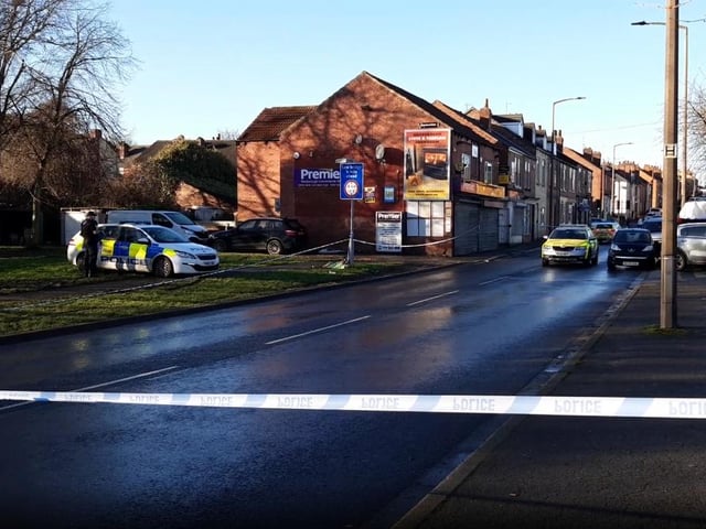 Police at the scene of the alleged murder on Wath Road Mexborough today. The alleged shooting  happened on January 11