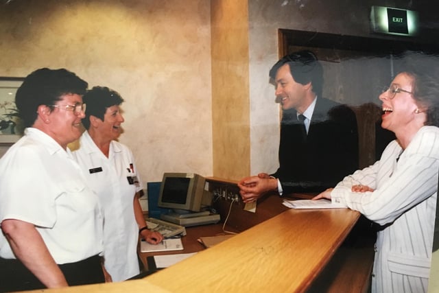 The then Health Secretary Stephen Dorrell and hospital leader Joan Rogers with ward clerk receptionists Janet Whitehead and Maureen Rutter in July 1996.