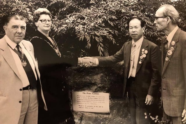 Pictured at the gardens at the rear of Sheffield Town Hall in August 1985 where the Lord mayor unveiled a plaque naming them The Peace Gardens. Seen L/r The Lord Mayor's Consort Mr Jim Walton, The Lord Mayor Coucnillor Dorothy Walton, Mr Shigemitsu Tanka and Mr Toichi Armistu who are two survivors of the Hiroshima bomb attack. the survivors presented a tile from a roof damaged during the raid in Nagasaki to the city of Sheffield