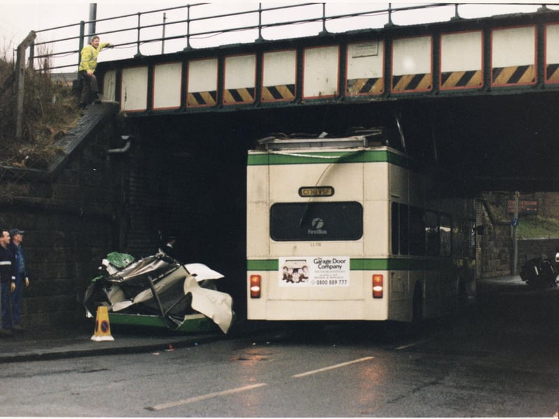 Bus smash at Russell Street, Edinburgh.A  SMT double decker with Hearts fans on board crashed into the low railway bridge. Photo taken on 16/3/96.