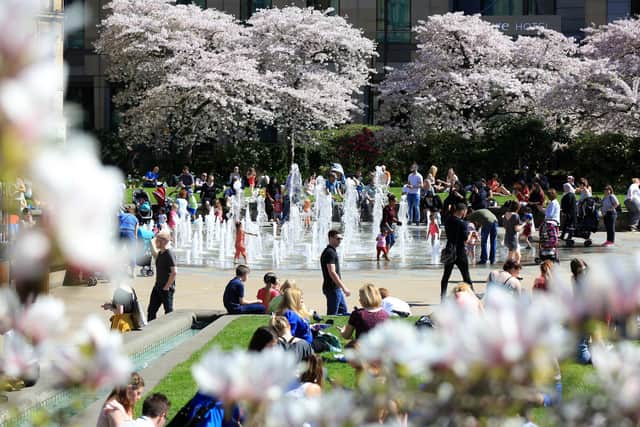 Enjoying the sunshine in Sheffield on the hottest day of the year so far. The Peace Gardens.