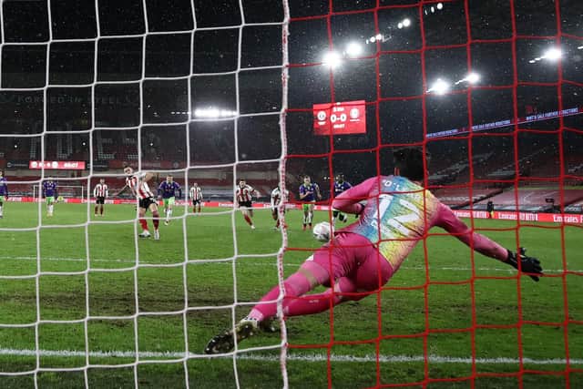 Billy Sharp of Sheffield Utd scoring his sides opening goal during the FA Cup match at Bramall Lane, Sheffield. Picture date: 10th February 2021. Picture credit should read: Simon Bellis/Sportimage