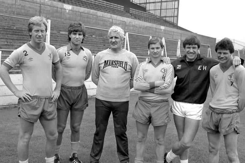 Stags new players with manager Ian Greaves, third left, and Emlyn Hughes, second right.