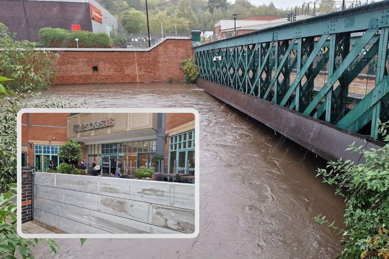 Pictures show water levels near Meadowhall, and flood barriers put in place