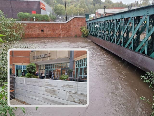 Pictures show water levels near Meadowhall, and flood barriers put in place
