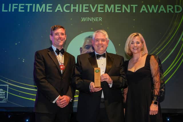 David Naisbit, Deputy Lord-Lieutenant of South Yorkshire, with Lifetime Achievement Award winner Stephen Shaw and Philippa Forrester.