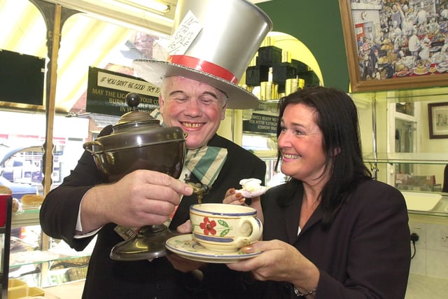 Cake Box's Douglas Parratt pours customer Marilyn Walker, of Bennetthorpe, a cuppa......The shop in Copley Road, Doncaster, was celebrating National Tea Week in 2001